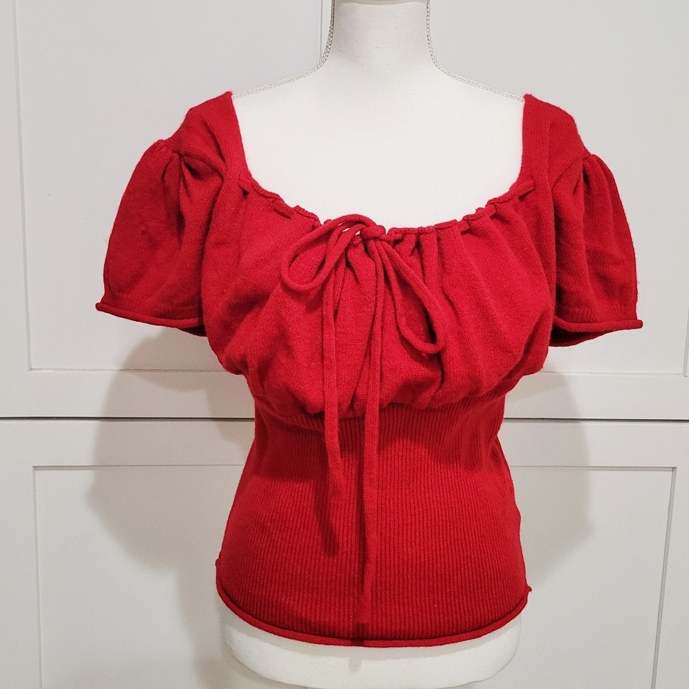 NWT Cider Red Tie Front Short Sleeve Sweater | Size XL